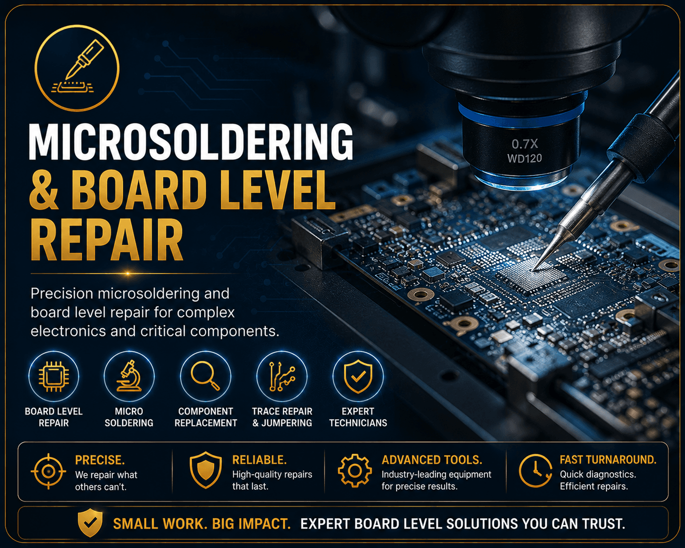 Microsoldering and precision board repair at PixelNation in Emporia Kansas