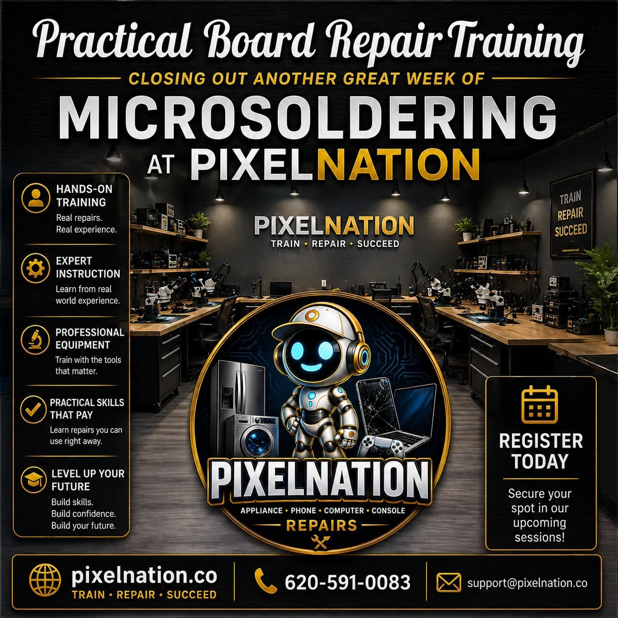 PixelNation repair training courses in Emporia Kansas — microsoldering and diagnostics