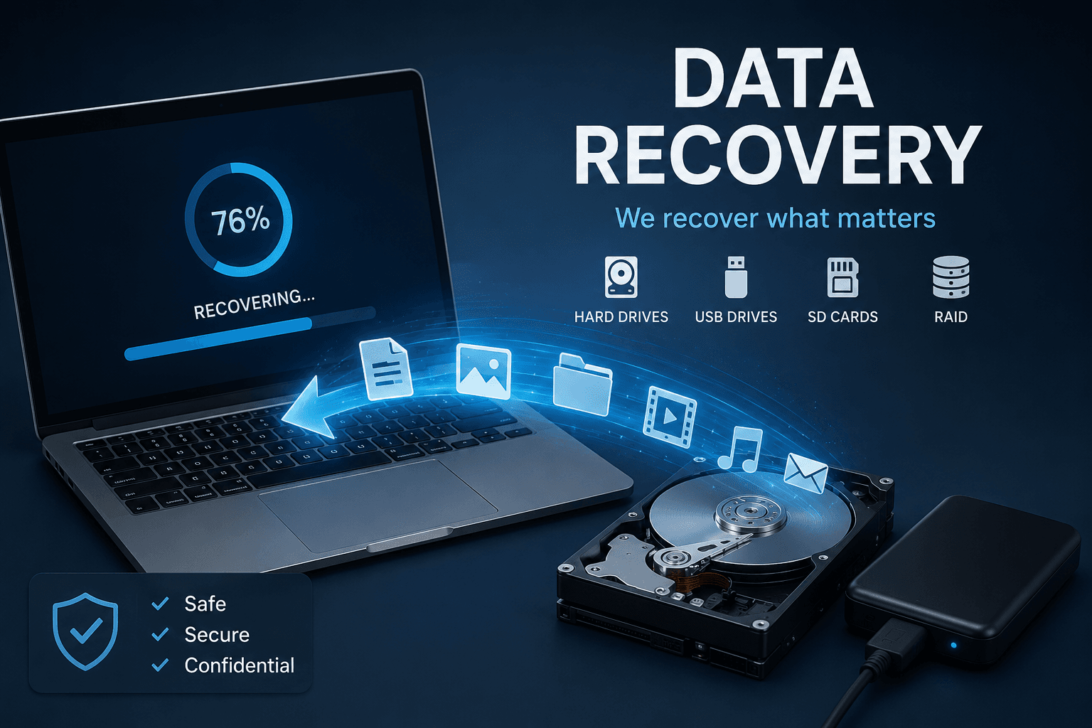 Data recovery in Emporia Kansas for phones, hard drives, SSDs, USB drives, and memory cards